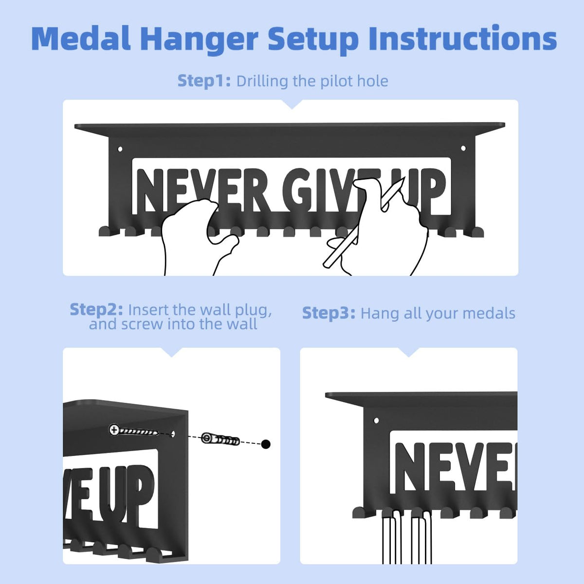Dafftos Medal Trophy Shelf Hanger Display with Hooks for Medals Race Ribbon Holder Organizer Award Bib Rack Hanging Storage Award Holders Metal Never Give UP