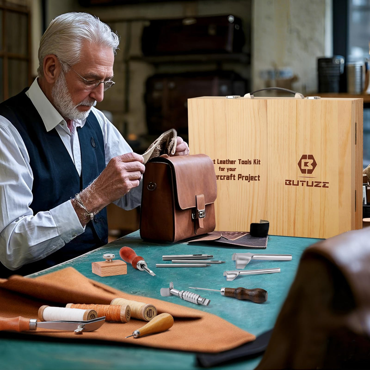 BUTUZE Leather Working Kit, Boxed Leather Tooling Kit, Leather Crafting Tool Kit, Cutting, Punching, Carving, Heavy Duty Leather Sewing Kit Professional Leather Working Tools and Supplies