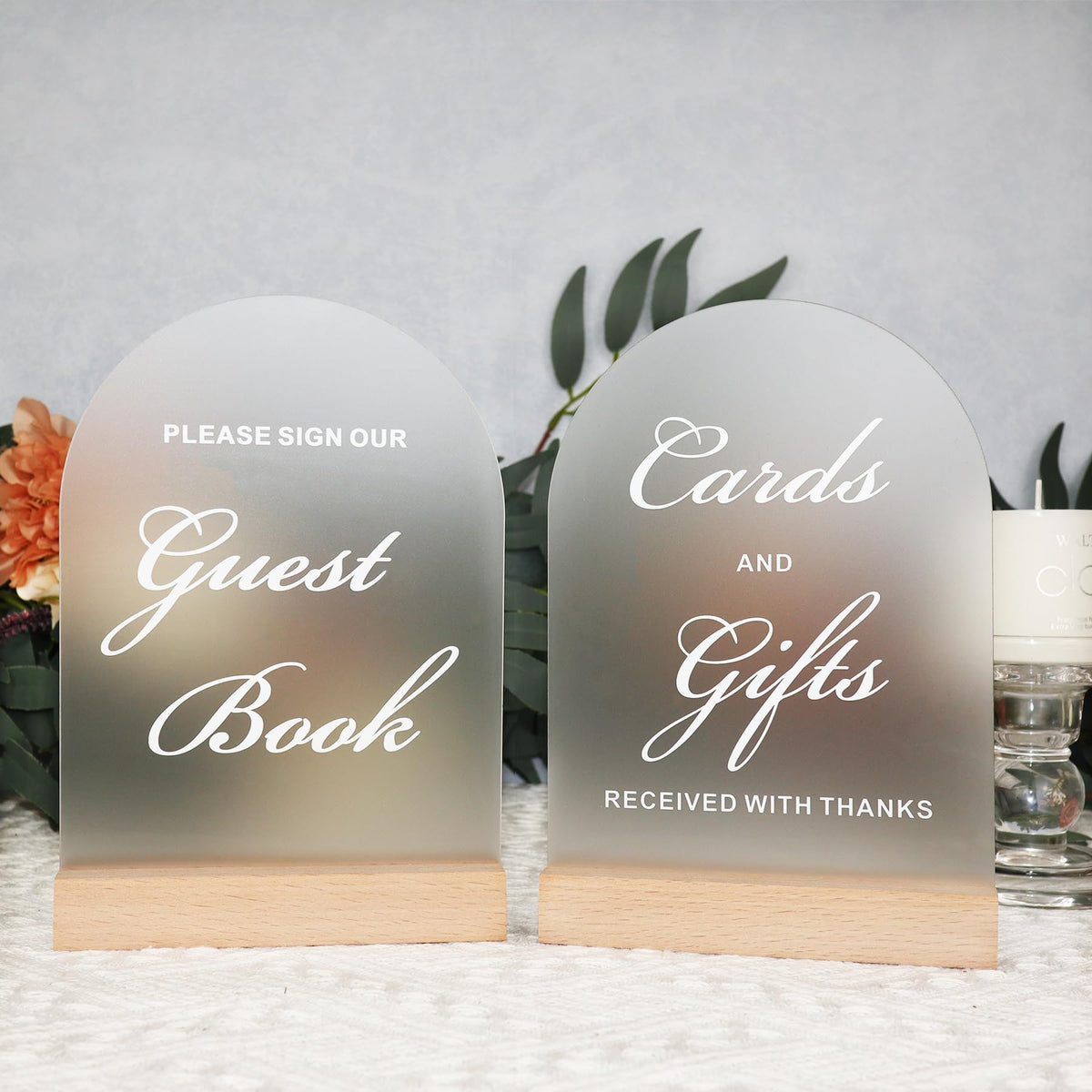 Frosted Blank Arch Acrylic Sign with Wooden Stands - 10 Pack DIY Customizable Sign Kit for Wedding Table Numbers, Restaurant Party Bridal Shower (5x7 Inch)