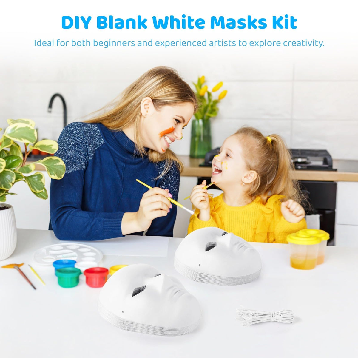 50 Pcs Paper Mache Masks, DIY Blank White Masks, Full Face Set with 5 Paint Sets & Palettes, 25 Male & 25 Female Paintable Masks for Halloween, Masquerade, Craft Projects