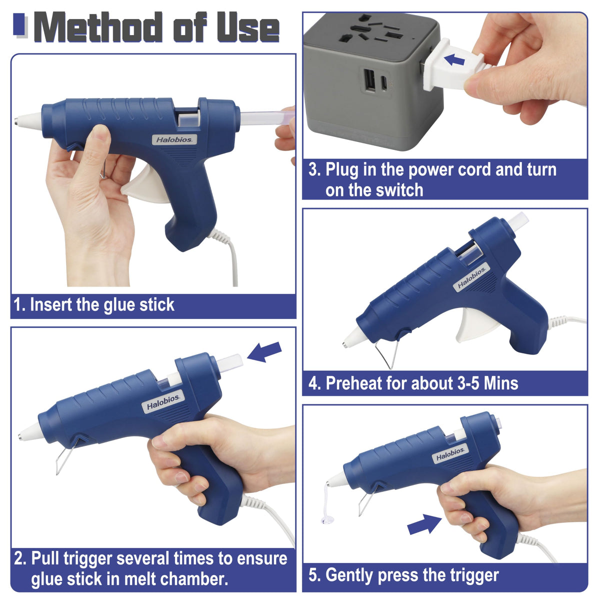 Halobios Hot Glue Gun with Preheating, 20 Glue Sticks, Full Size for DIY Crafts & Home Repairs (40W Blue)