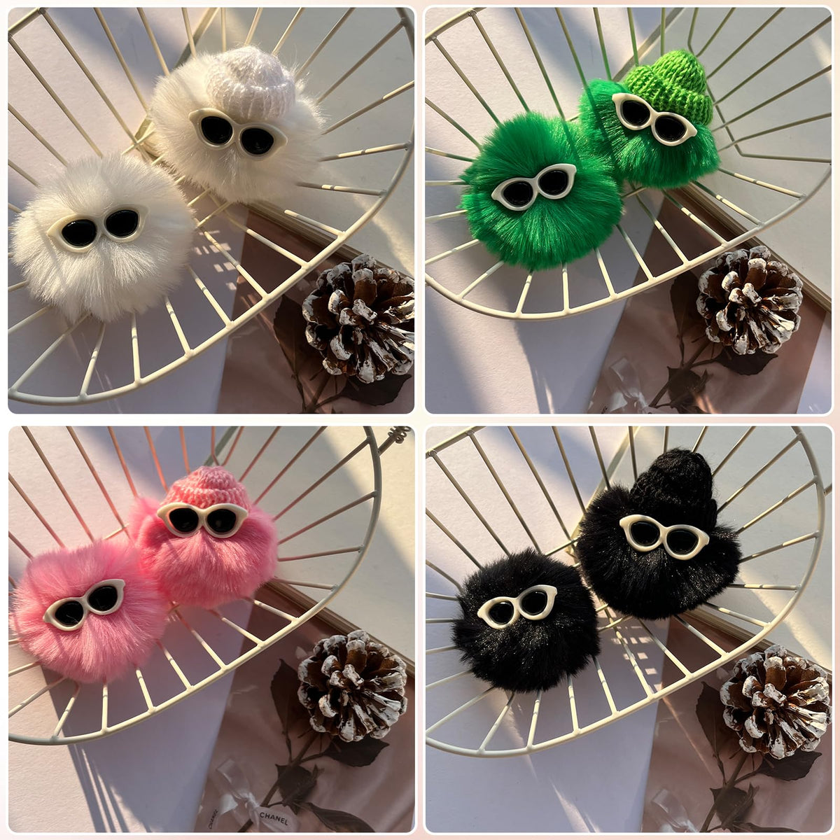 Miupoo Pom Poms with Eyeglasses for Crafts,Halloween Costume Pompoms Decorations with Googly Sunglasses, Fluffy Pom Pom Balls for Halloween Accessories with Elastic Loop,20 Pieces,2 Inches, Pink.
