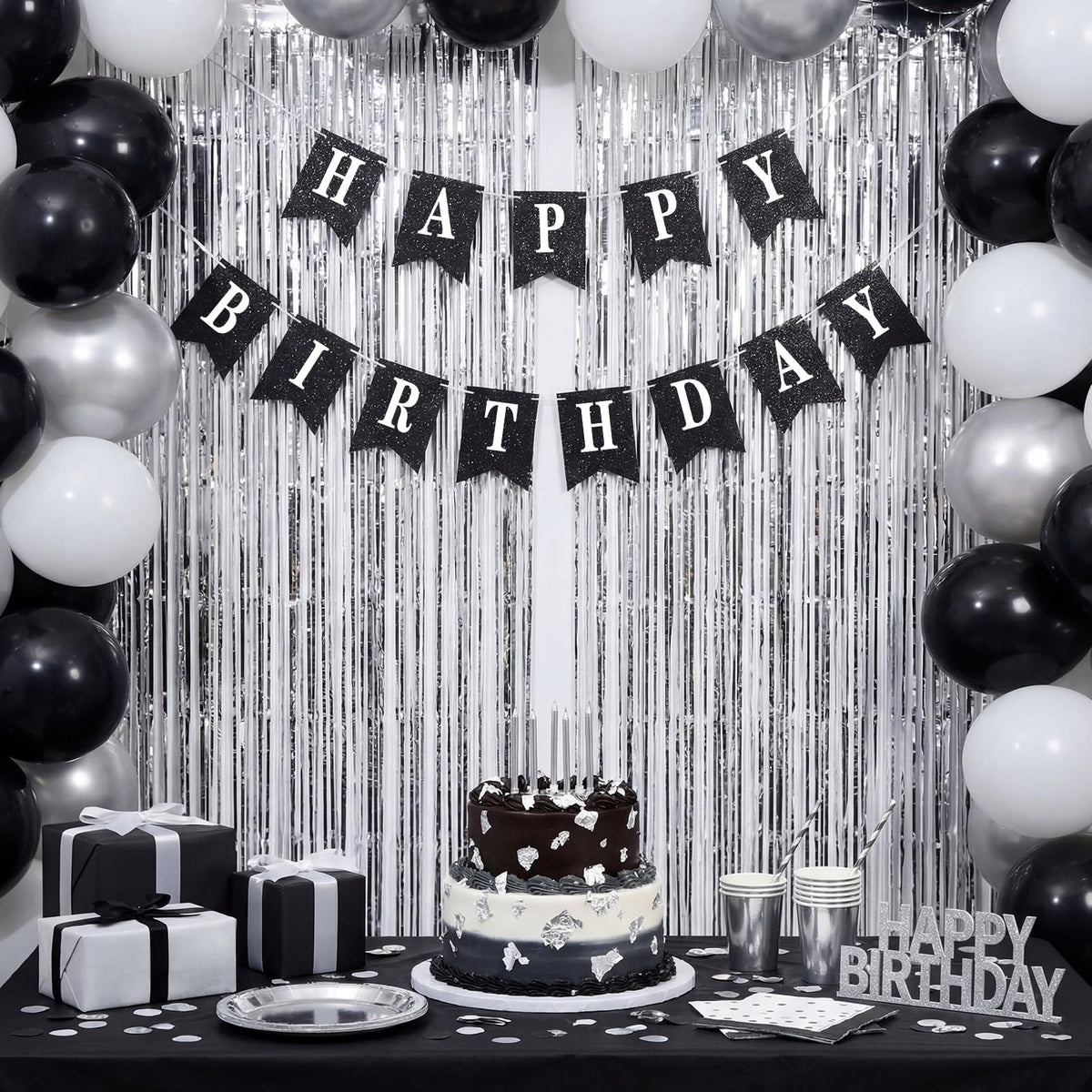Mooliwe 173 Pcs DIY Custom Banner Kit with 2 Foil Curtain Make Your Own Customizable Letter Banner Sign Decor 20 Paper Pennant 148 Letters Number 1 Rope 2 Threading Device(Classic Style,Black)