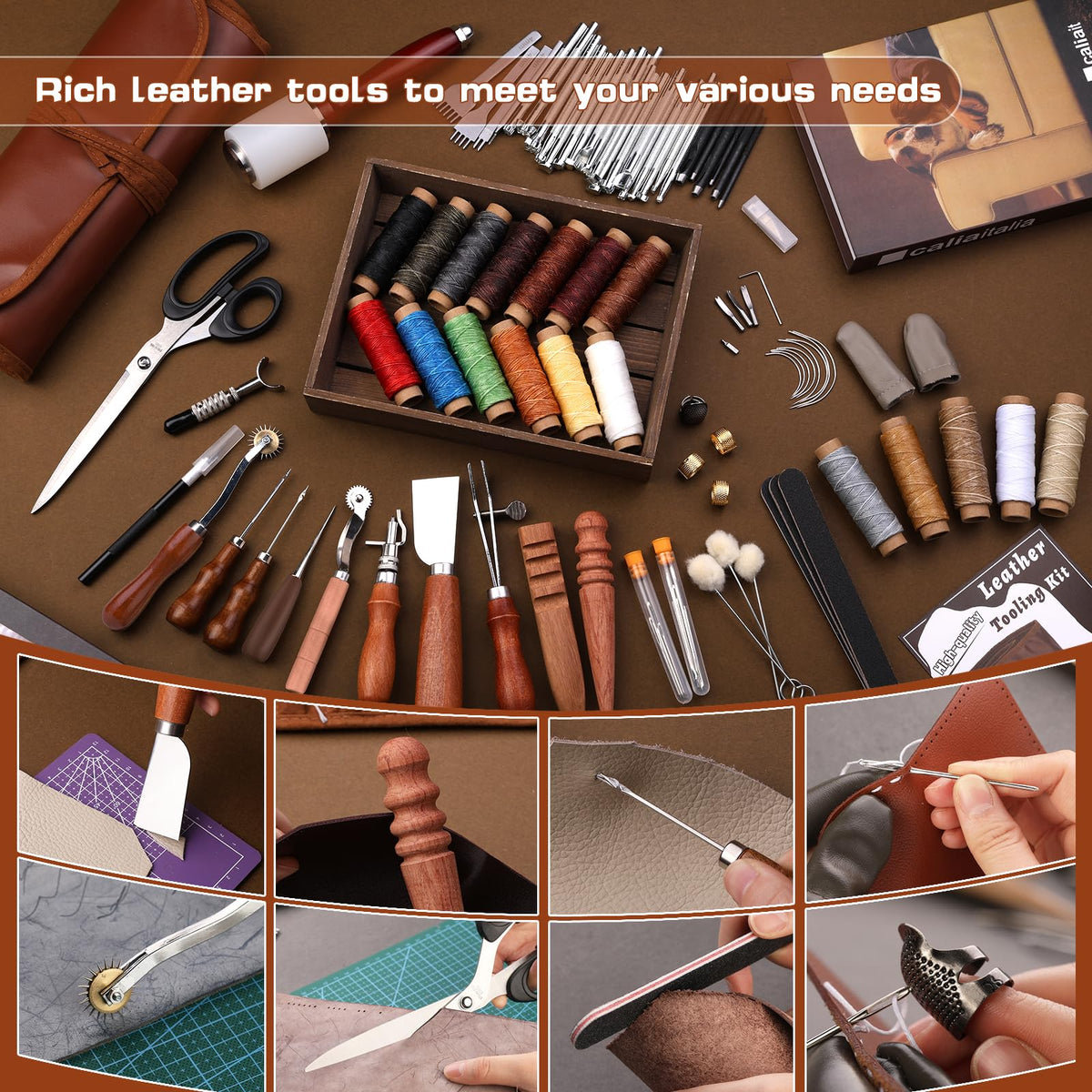TLKKUE Leather Working Tool Leatherworking Tool Kit with Custom Storage Bag for Carving Punching Sewing Stamping, Essential Supplies for DIY Leather Crafts