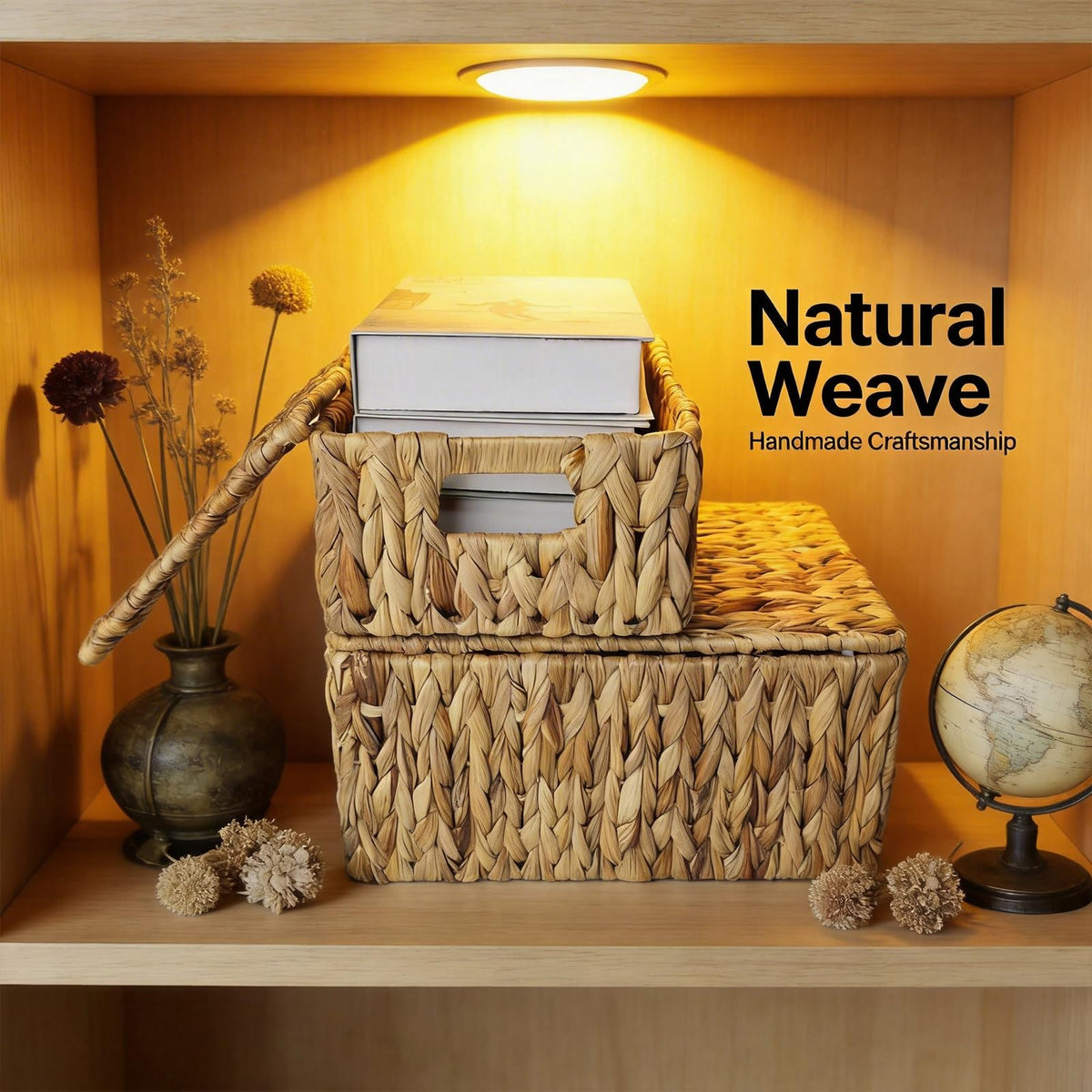 Wicker Storage Baskets With Lid,Set of 3 Rectangular Rattan Basket Decorative Boxes with Handles,Large Storage Box Hyacinth Wicker Baskets For Shelf Organizer, Nursery Room,Bathroom,Living Room