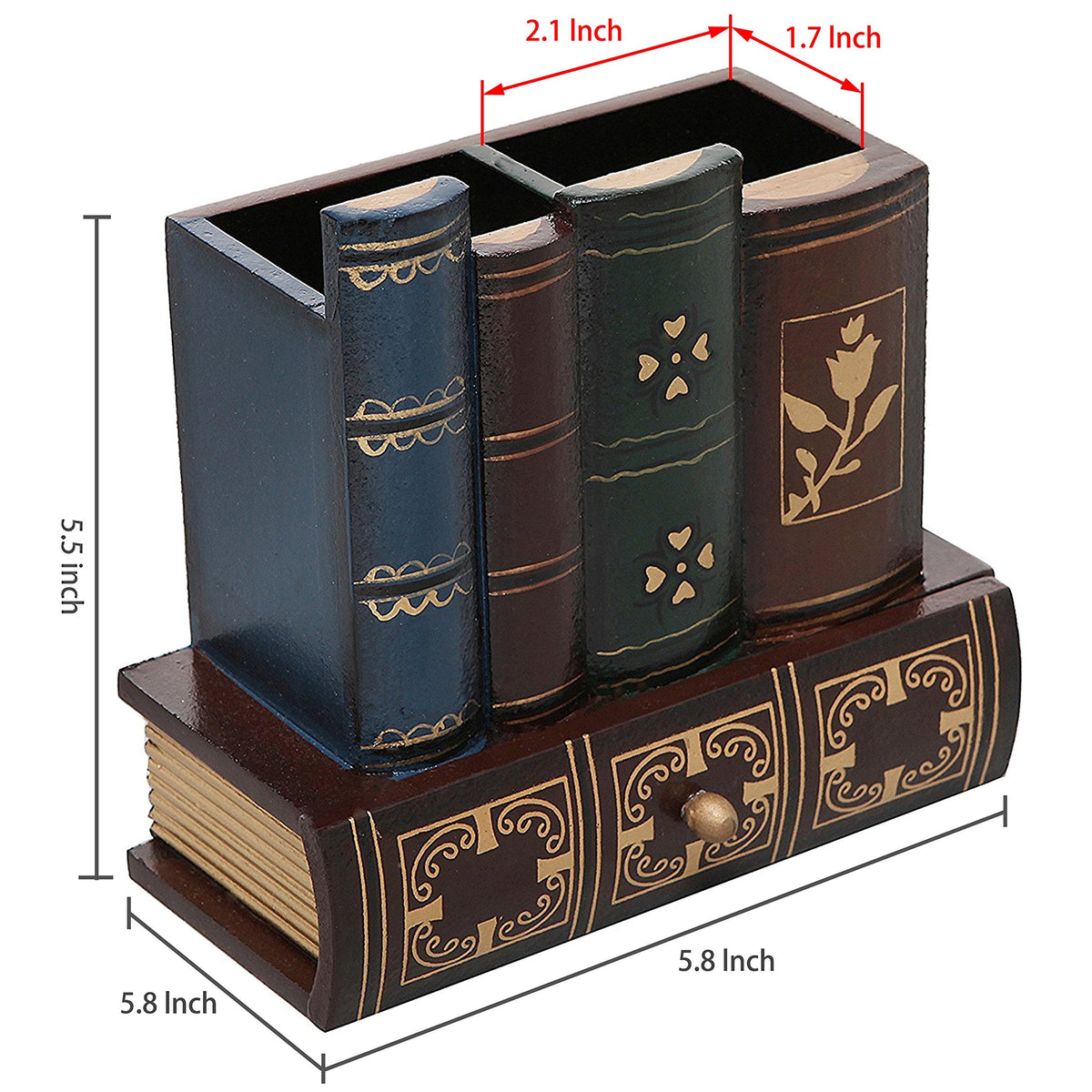MyGift Decorative Desk Organizer Caddy, Pencil and Pen Holder with Bottom Storage Drawer and Antique Library Books Design