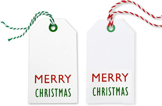 K-Kraft 50 Pre-Strung Tags for Gift Wrapping and Labeling (Xmas on White Kraft with Red and Green Christmas String)