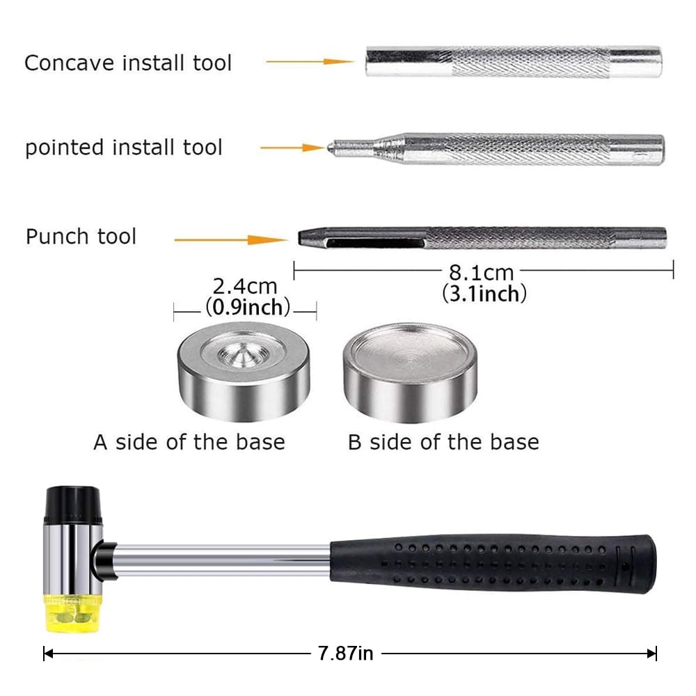 Qfun 120 Set Snap Fasteners Kit for Leather 12mm Metal Button Snaps Press Studs with 4 Setter Tools, 1 Hammer, 4 Color Leather Snaps for Clothes, Jackets, Jeans Wears, Bracelets, Bags