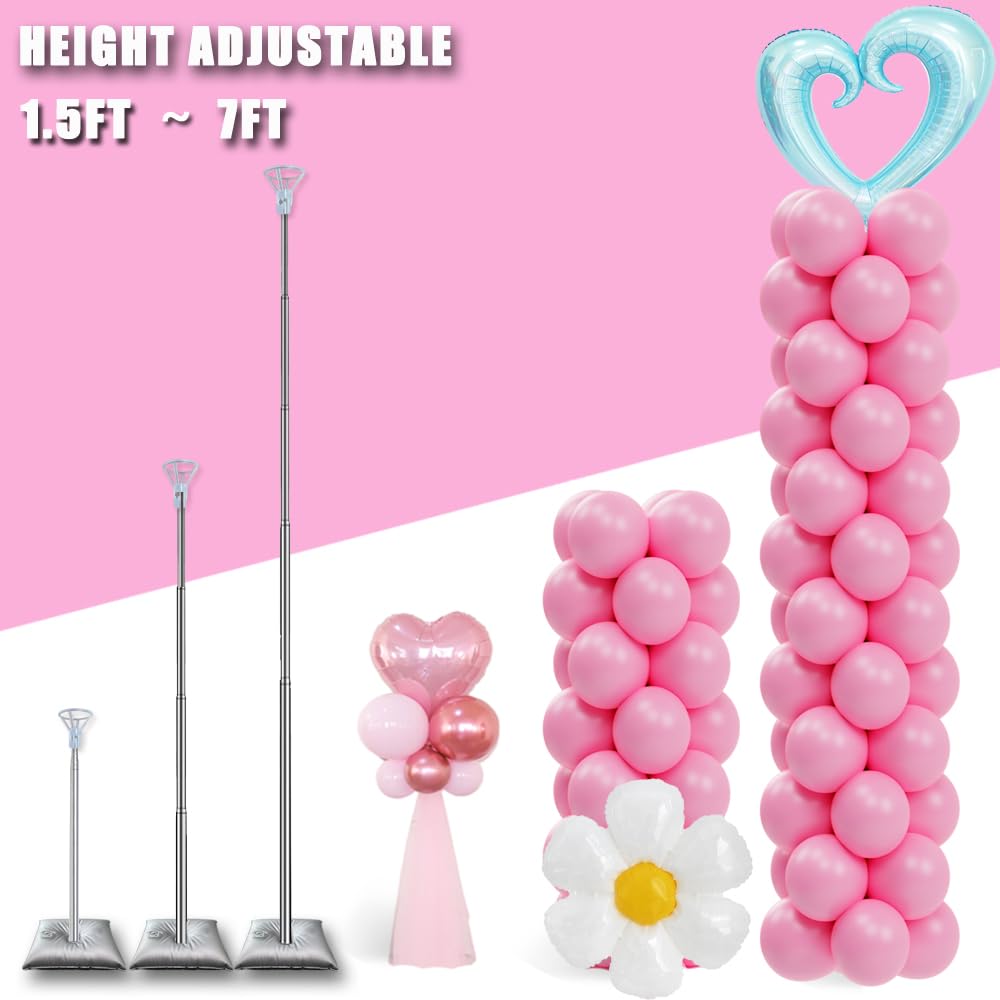 DECOJOY Balloon Column Stand Set of 2, Adjustable 7 Feet Ballon Arch Stands with Bases for Floor, Tall Baloon Tower Pillar Assembly Kit for Halloween, Birthday, Party Decorations