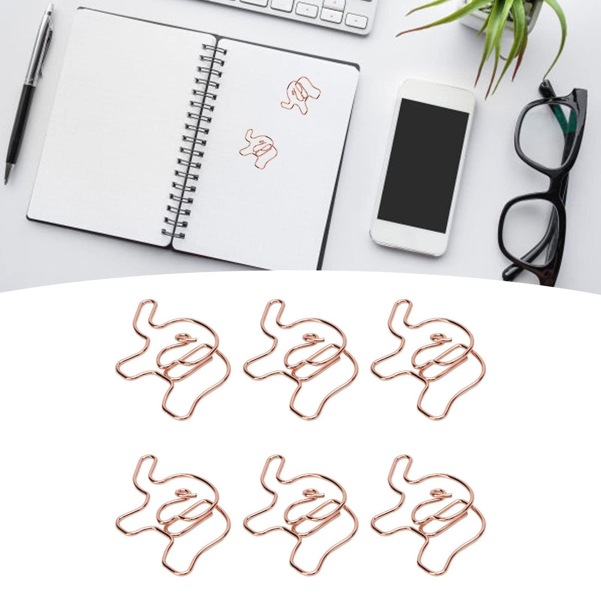 100PCS Rose Gold Cute Paper Clips, Smooth Steel Wire Paperclips Elephant Shaped Paper Clips Decorative Paperclips for Office School Supplies