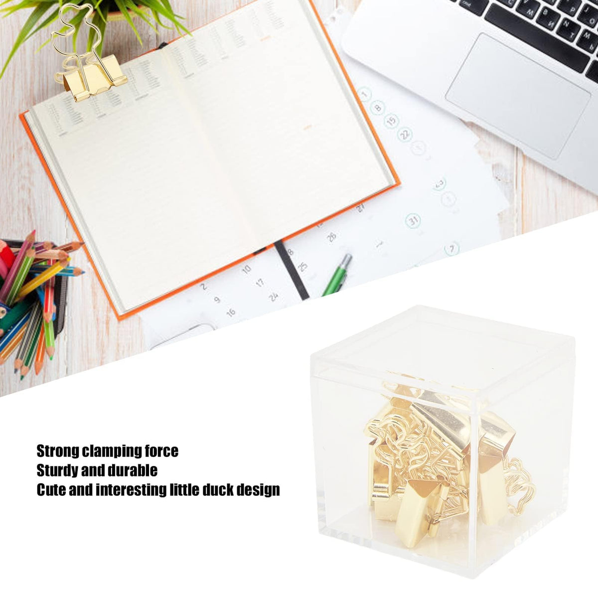 Mini Binder Clips, 20PCS Gold Binder Paper Clips Small Decorative Binder Clips Duck Shaped Binderclips with Storage Box for Planner, Office Desk Supplies
