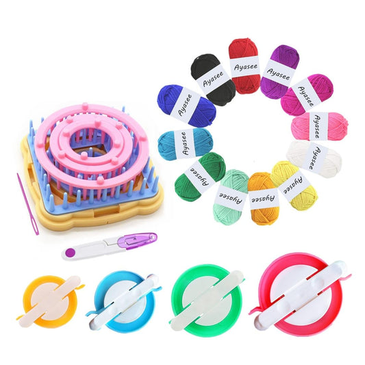 Ayasee Weaving Loom Kit, Flower Knitting Loom Kit, Frame Looms, Knitting Wool, Round/Square Knitting Looms Craft Kit Multi Color (Flower Maker + Pom Maker + Yarn)