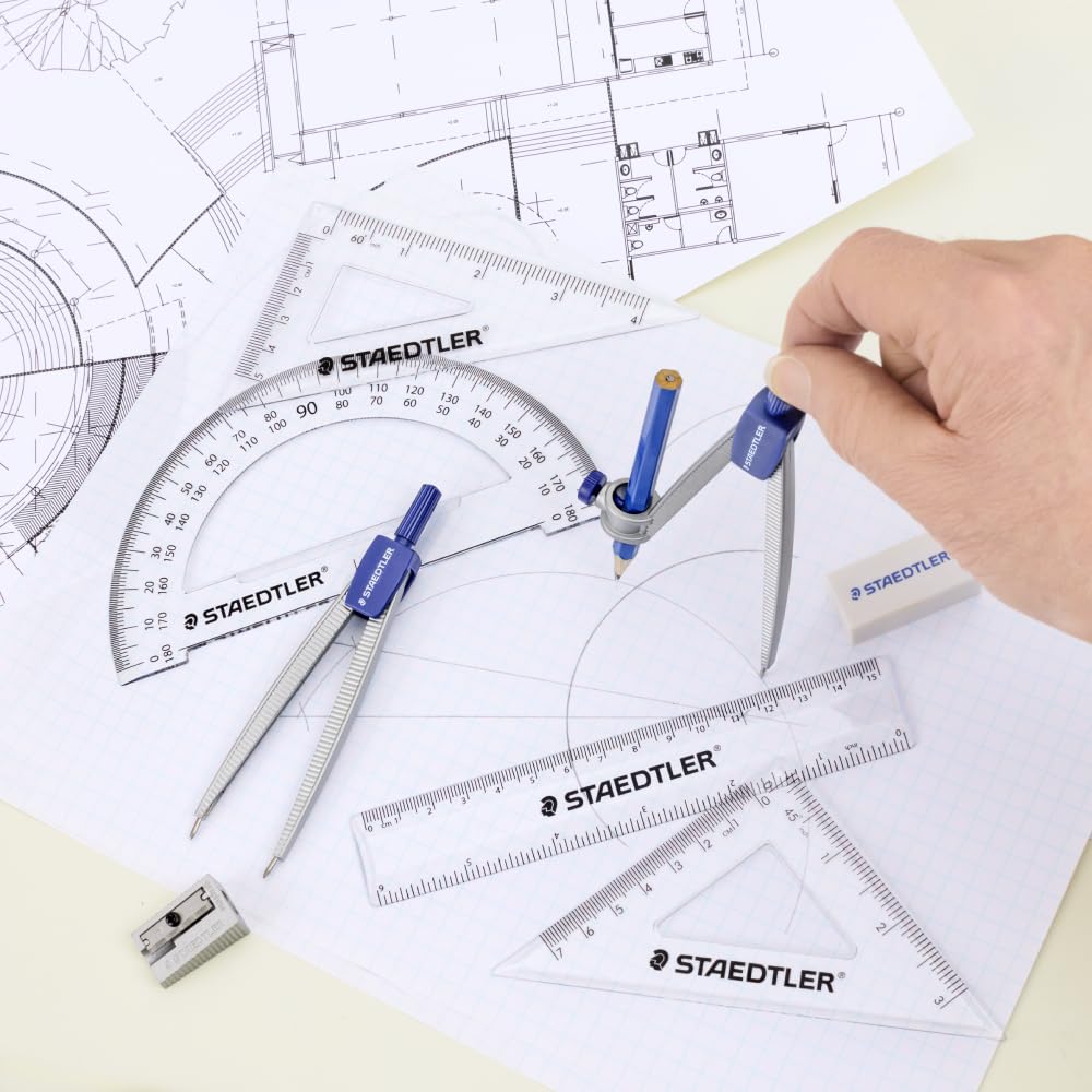 STAEDTLER School Kit Math Geometry Set - 10-Piece Compass, Protractor & Ruler Kit with Flip Open Storage Box - Clear Measuring Tools - Student Drawing Supplies