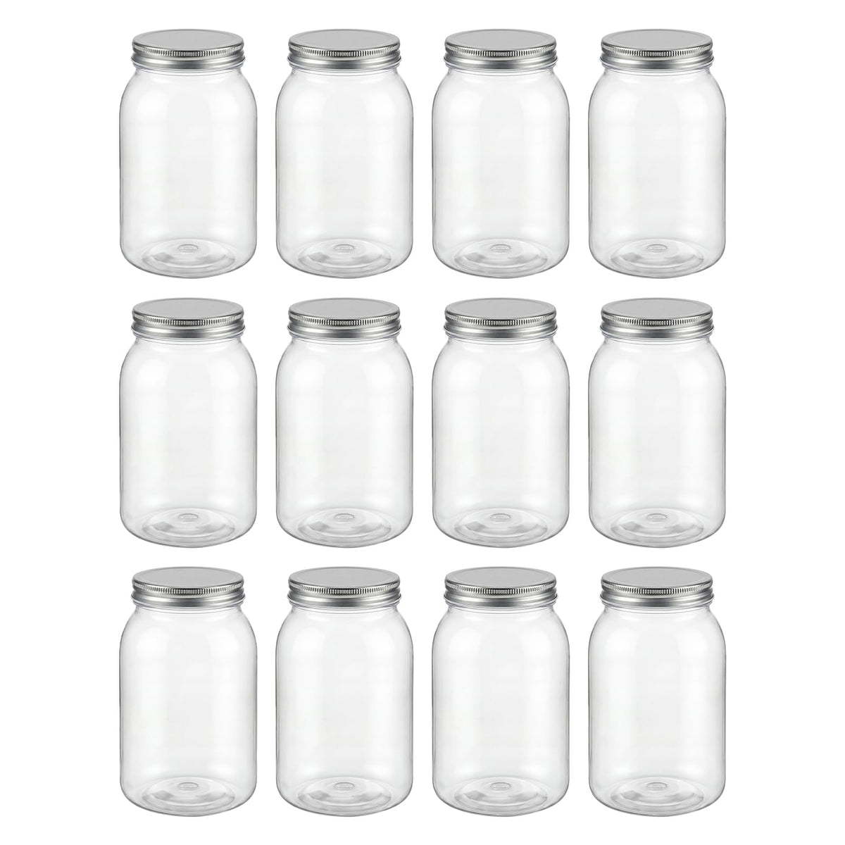 novelinks 32 oz Mason Jars with Plastic Lids, 12 Pack Large Plastic Salad Jars with Lids 32oz, Reusable Spice Containers & Kitchen Jars for Pantry Organization (12 Pack,Silver)