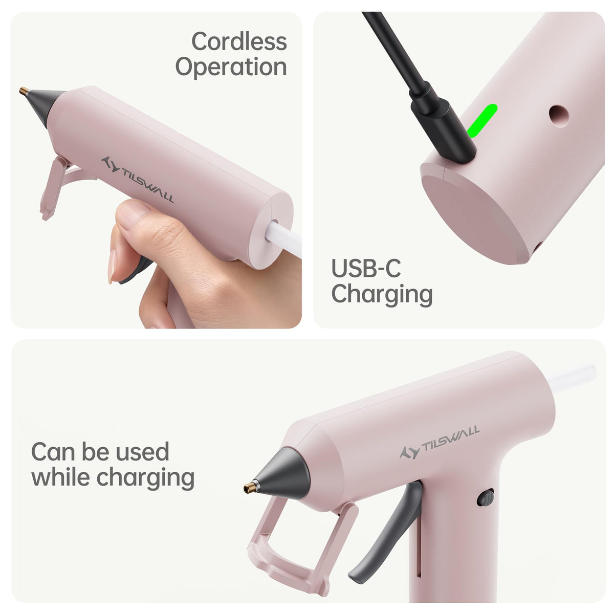 Tilswall Cordless Hot Glue Gun, Fast Preheating with 2000mAh Built-in Battery Hot Melt Glue Gun, 20 Premium Glue Sticks, Mini Glue Gun Ideal for Crafts, DIY Gift, Repairs Pink