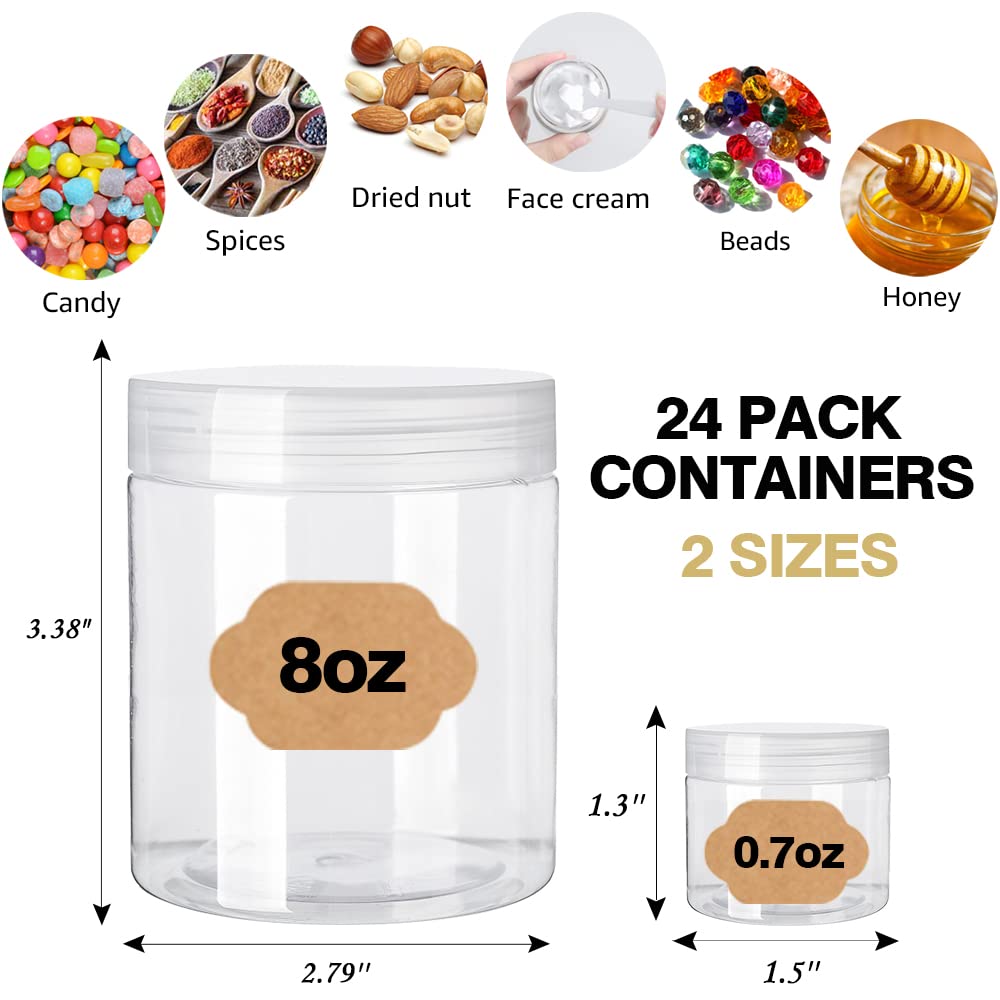 AMORIX 8oz Clear Plastic Jars with Lids 8 oz Plastic Containers with Lids + 20g Sample Containers (Set of 24) Airtight Container for Lip Scrub, Body Butters, Cream, Slime, Craft Storage
