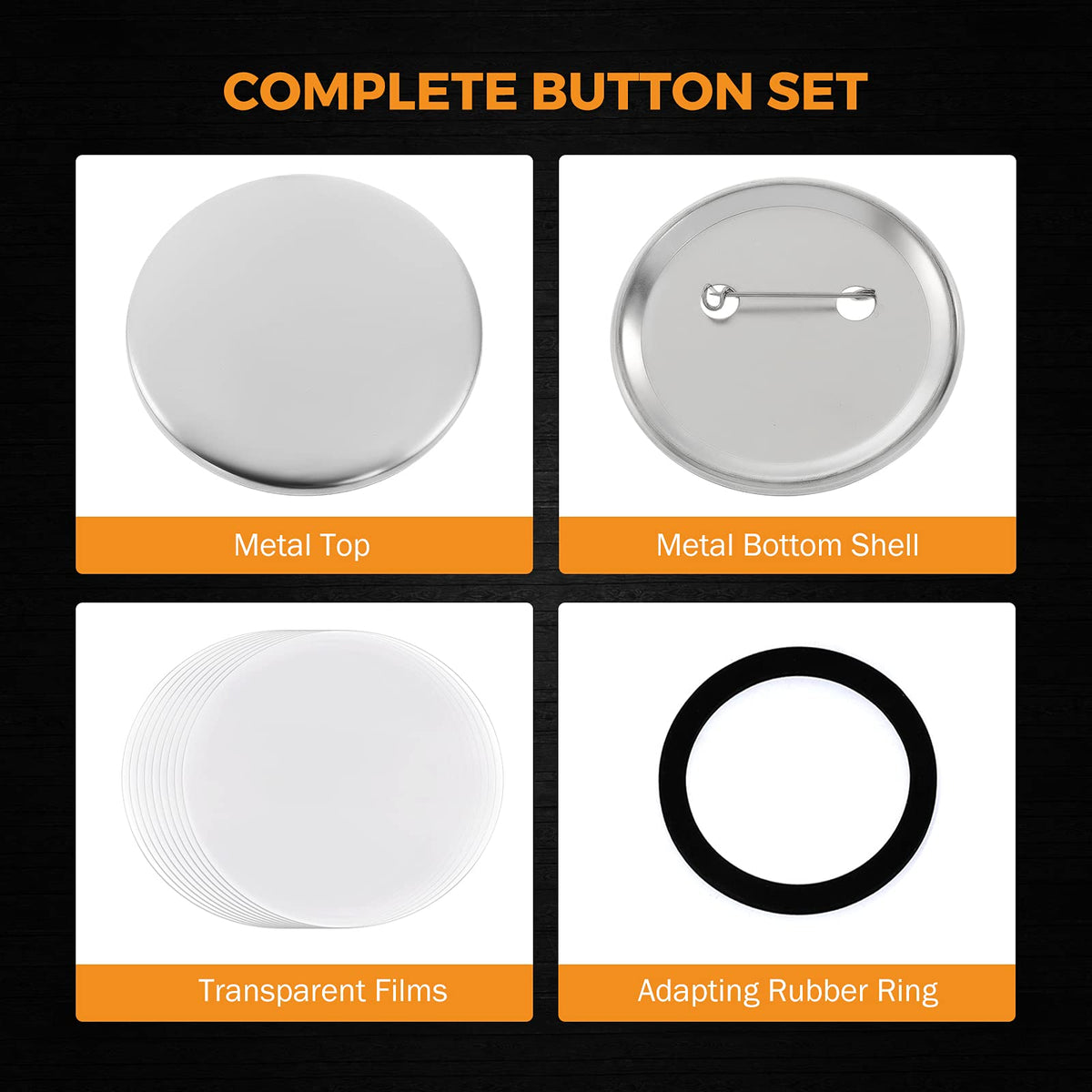 BEAMNOVA 100 Sets of Metal Button Supplies Blank 37mm / 1.46 in (Approx. 1-1/2 inch) for Button Maker Machine, Slick Metallic Back, Badge Making Parts Round DIY Pin Maker