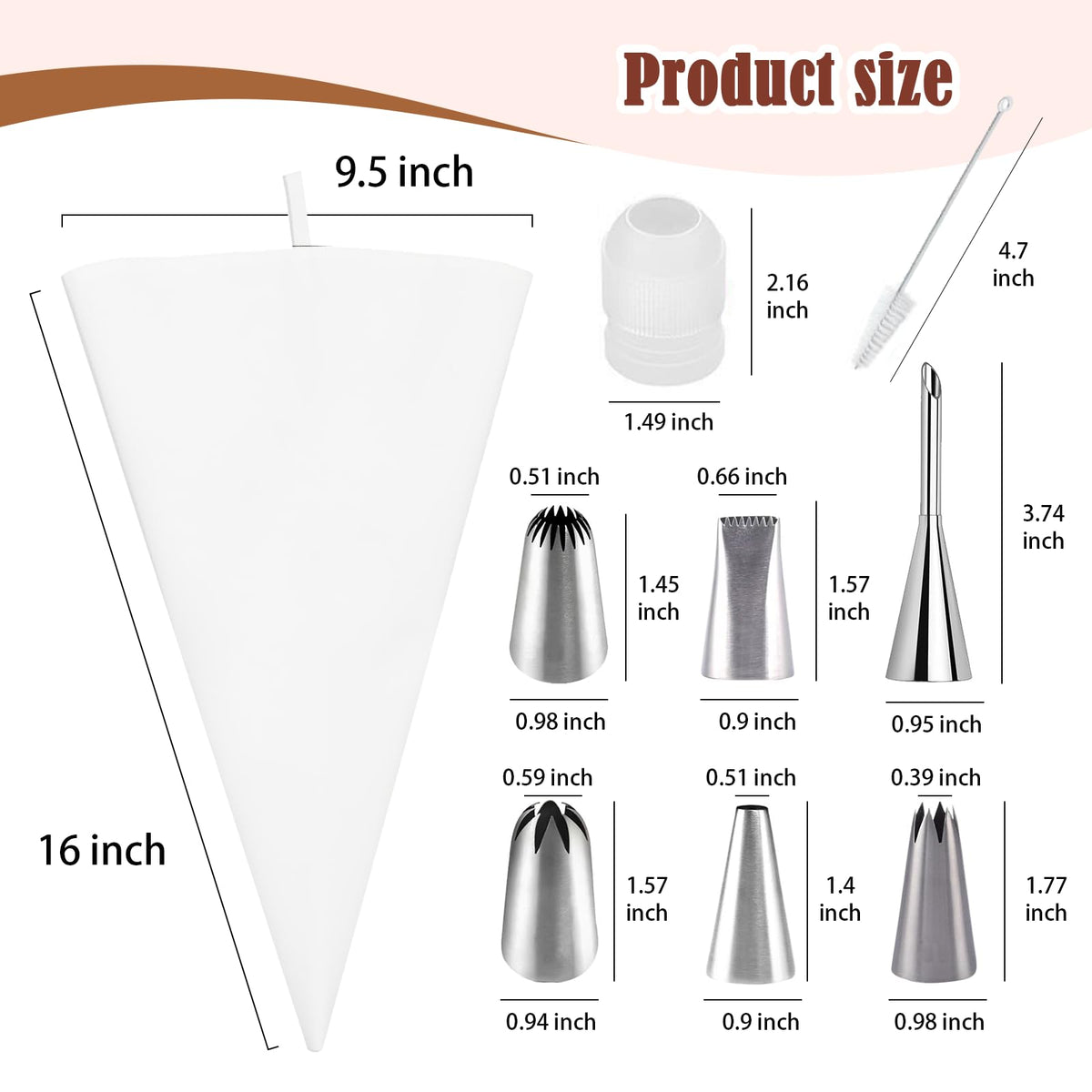 9-Piece Reusable Piping Bags and Tips Set- Cotton Baking Kit with Coupler, Stainless Steel Nozzles & Cleaner for Cakes/Cupcakes/Cookies Decorating