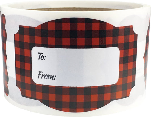 Red Buffalo Plaid Christmas Gift Tag Stickers – 2 x 3 Inch Holiday Labels, Roll of 100 – Rustic Kraft Adhesive Tags for Wrapping Presents, Made in The USA