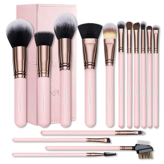 SIXPLUS Travel Makeup Brushes with Case, 15 Pcs Pink Makeup Brush Set Professional for Foundation Powder Concealer Eyeshadow Blush, Covers, Best Make Up Brush Kit Gift for Women Girlfriend Mom