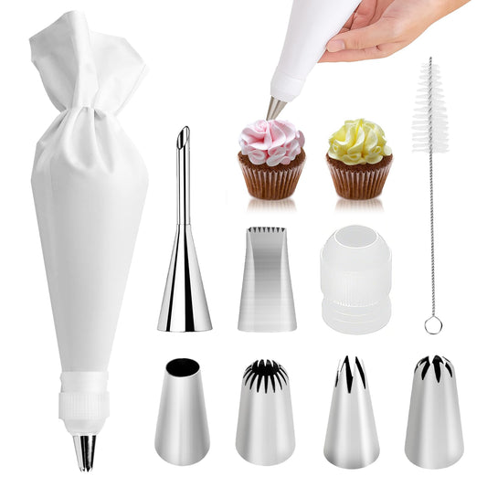 9-Piece Reusable Piping Bags and Tips Set- Cotton Baking Kit with Coupler, Stainless Steel Nozzles & Cleaner for Cakes/Cupcakes/Cookies Decorating