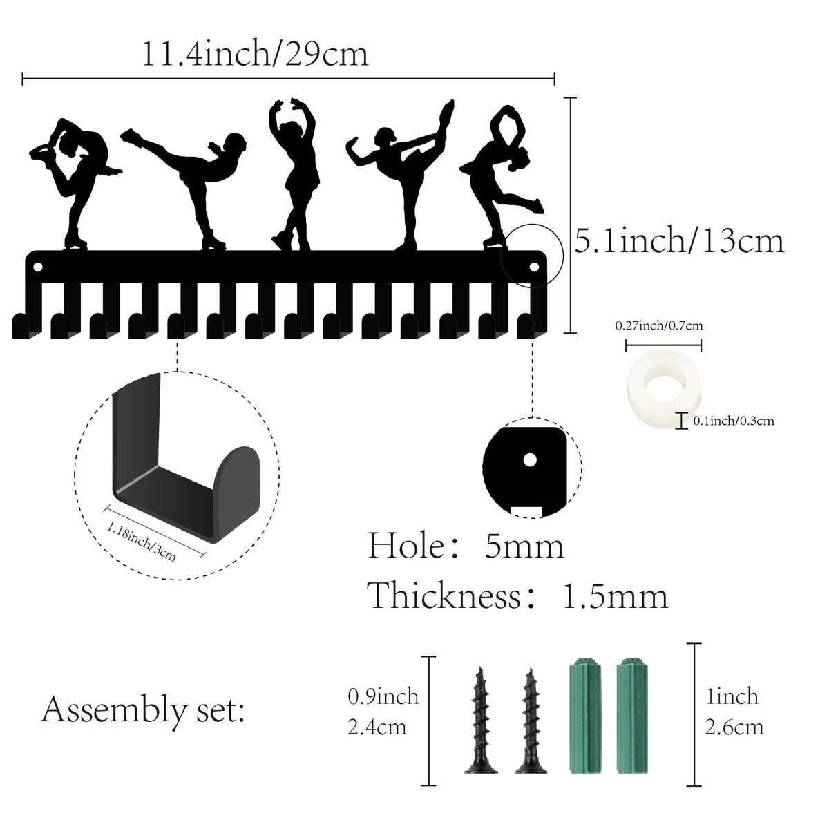 CREATCABIN Figure Skating Medals Holders Medal Display Hanger Small Rack Organizer Metal Ribbon Shelf Stand Frame Decor Wall Mounted Hanging with 14 Hooks for Athlete Sporter Black 11.4 x 5Inch