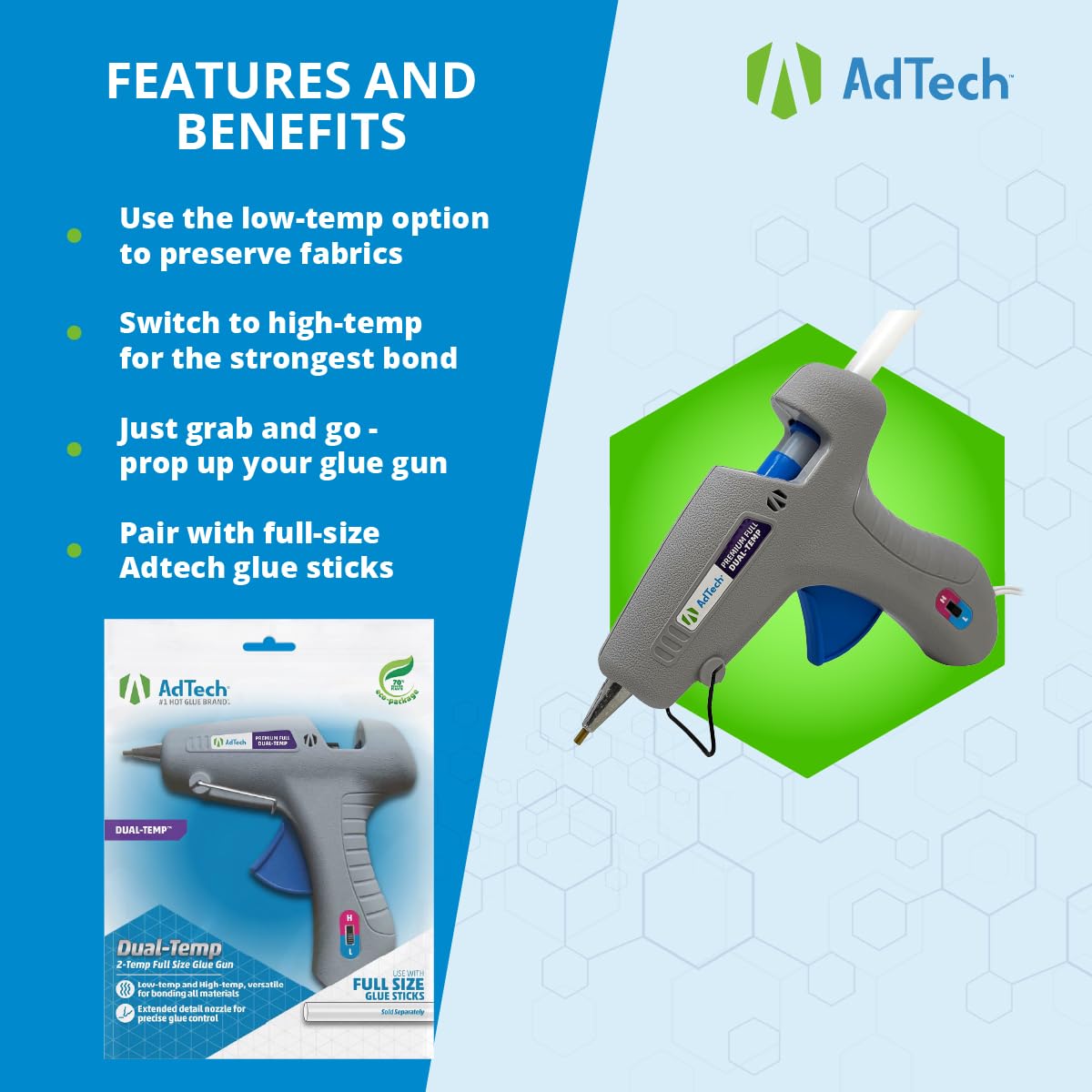 AdTech 0453 2-Temp Dual Temperature Hot Glue Gun Full Size, Light Gray