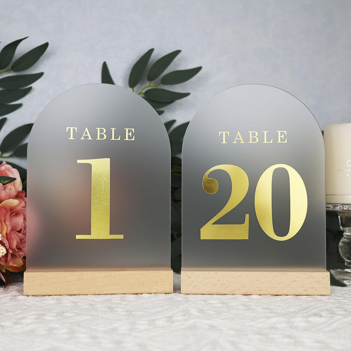 Frosted Blank Arch Acrylic Sign with Wooden Stands - 10 Pack DIY Customizable Sign Kit for Wedding Table Numbers, Restaurant Party Bridal Shower (5x7 Inch)