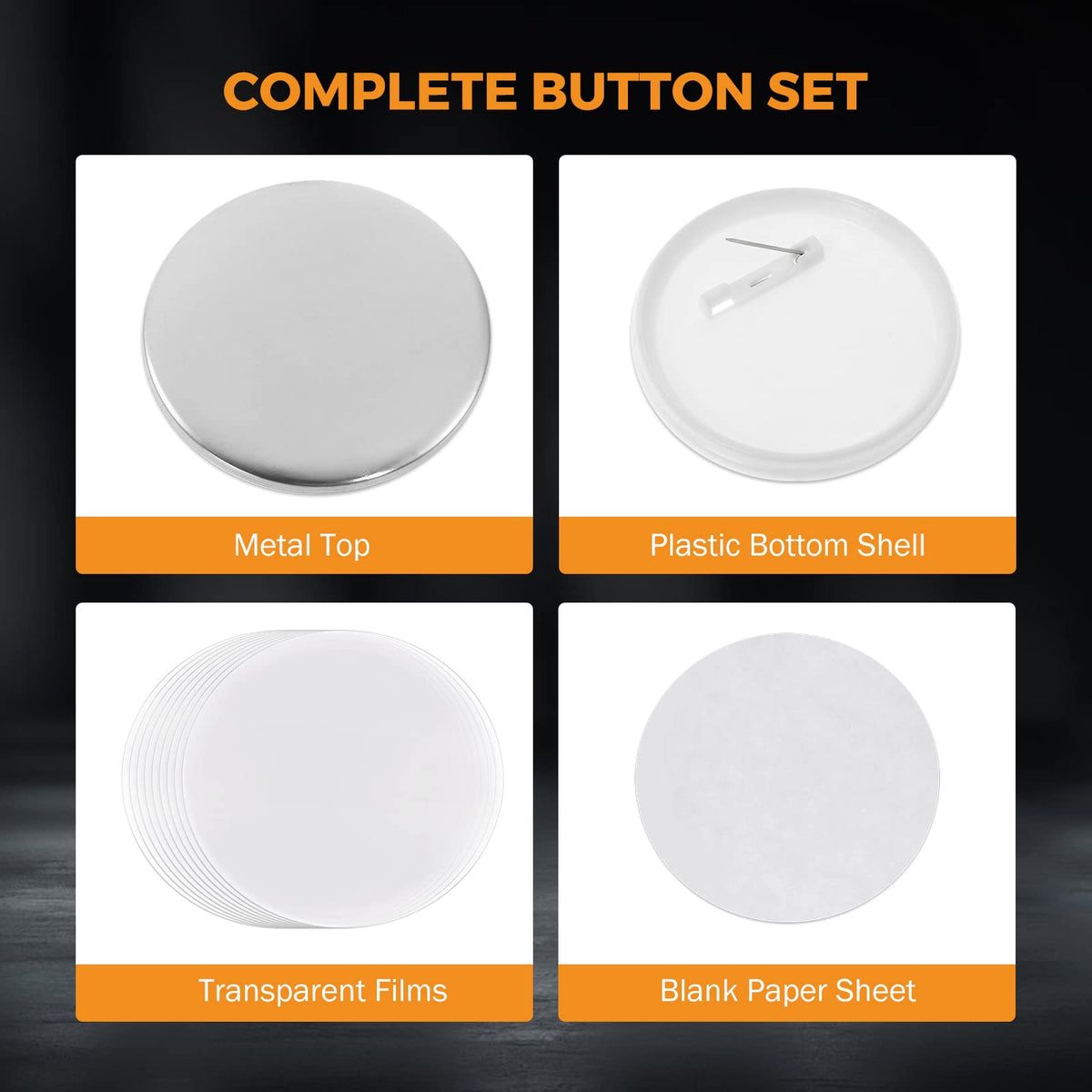 BEAMNOVA 200 Sets of Button Parts Supplies 58mm / 2.28 in (Approx. 2-1/4 inch) for Round Button Maker Machine Pin Maker, Every Set Includes Tinplate Top, Plastic Clip Bottom & Plastic Film