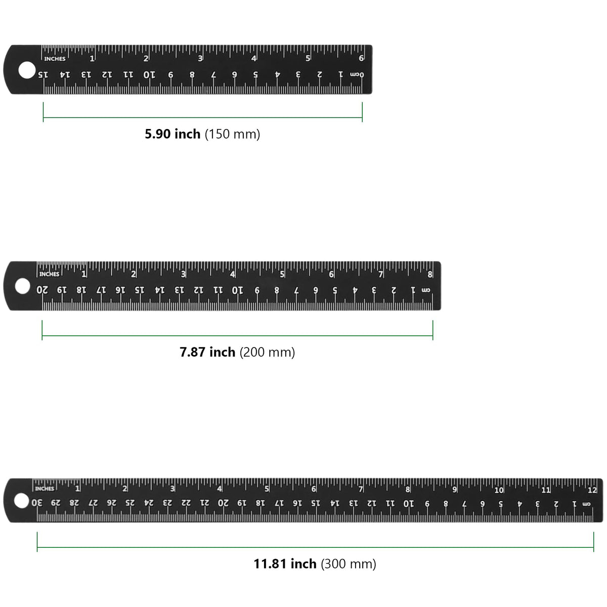 HAKZEON 30 Pack Metal Ruler Set 6/8/12 Inch with Conversion Table, Black Aluminum Alloy Rulers, Straight Edge Ruler Set for Office Engineering, Measuring and Drafting