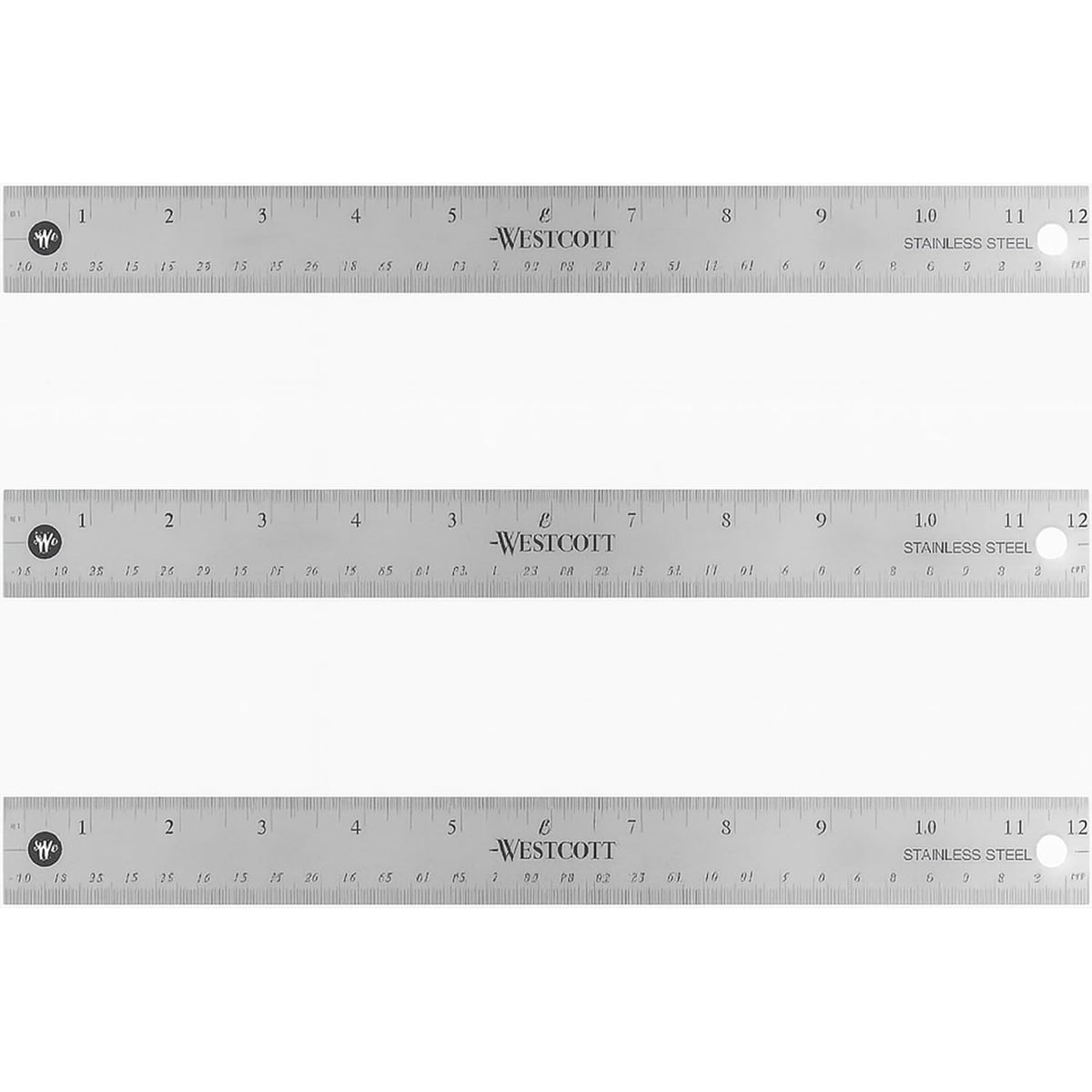 Westcott Stainless Steel Ruler Set with Non-Slip Cork Backing, Easy to Read Etched Markings, Flexible and Sturdy Design, for Crafting, Office, Classroom, Back to School Supplies, 12-Inch, 3 Pack