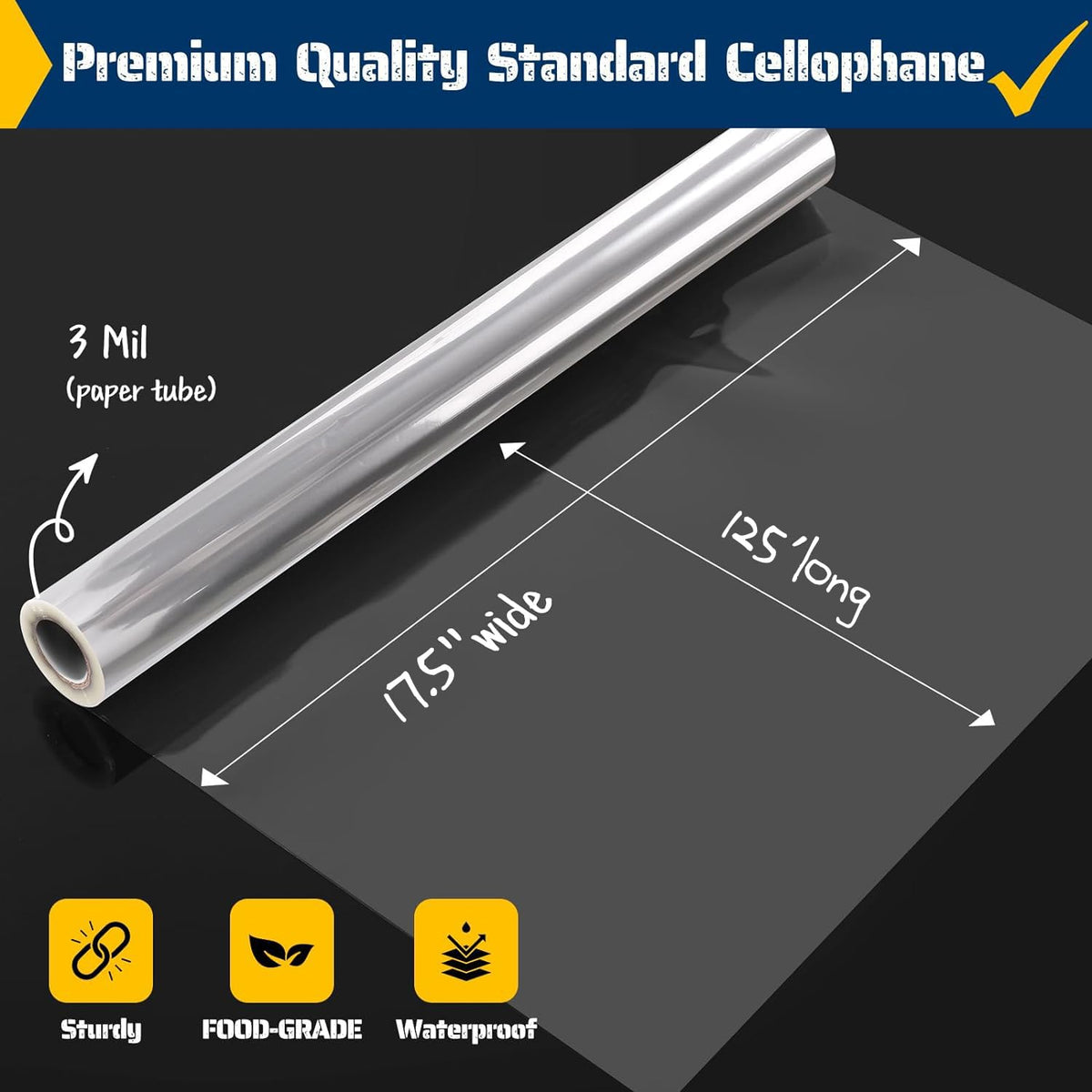 Vanhench 17.5" x 1500"(125') Clear Cellophane Wrap for Gift Baskets, 3Mil Thick Cellophane Wrap Roll for Bouquet Flower Wrapping, Clear Plastic Wrap Valentines Easter Wrapping Paper