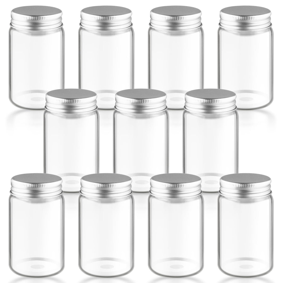 DynnnDy 10Pcs 100ml/3.4oz Mini Clear Mason Jars Empty Glass Bottles with Aluminum Lids Round Containers for Cosmetics,Food Storage,Travel & Crafts