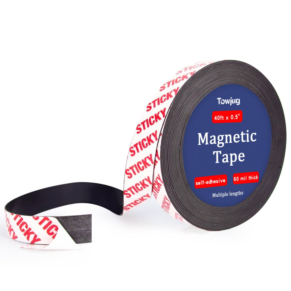 Towjug Magnetic Tape Roll 40 Feet with Self Adhesive Backing, Flexible Sticky Magnet Strips for Lightweight Craft DIY Projects, Whiteboards and Fridge Organization (0.5" Wide x 0.06" Thick)