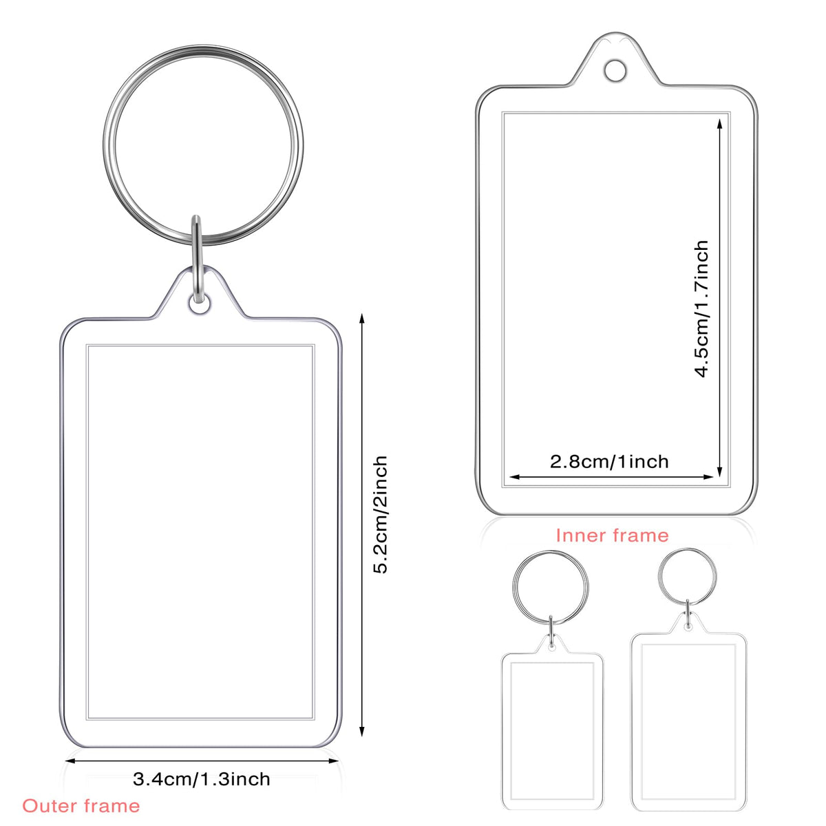 Yaomiao 50 Pcs Acrylic Photo Frame Keychain Holder 1.3 x 2 Inch Photo Picture Insert Blank Keyring for DIY Craft