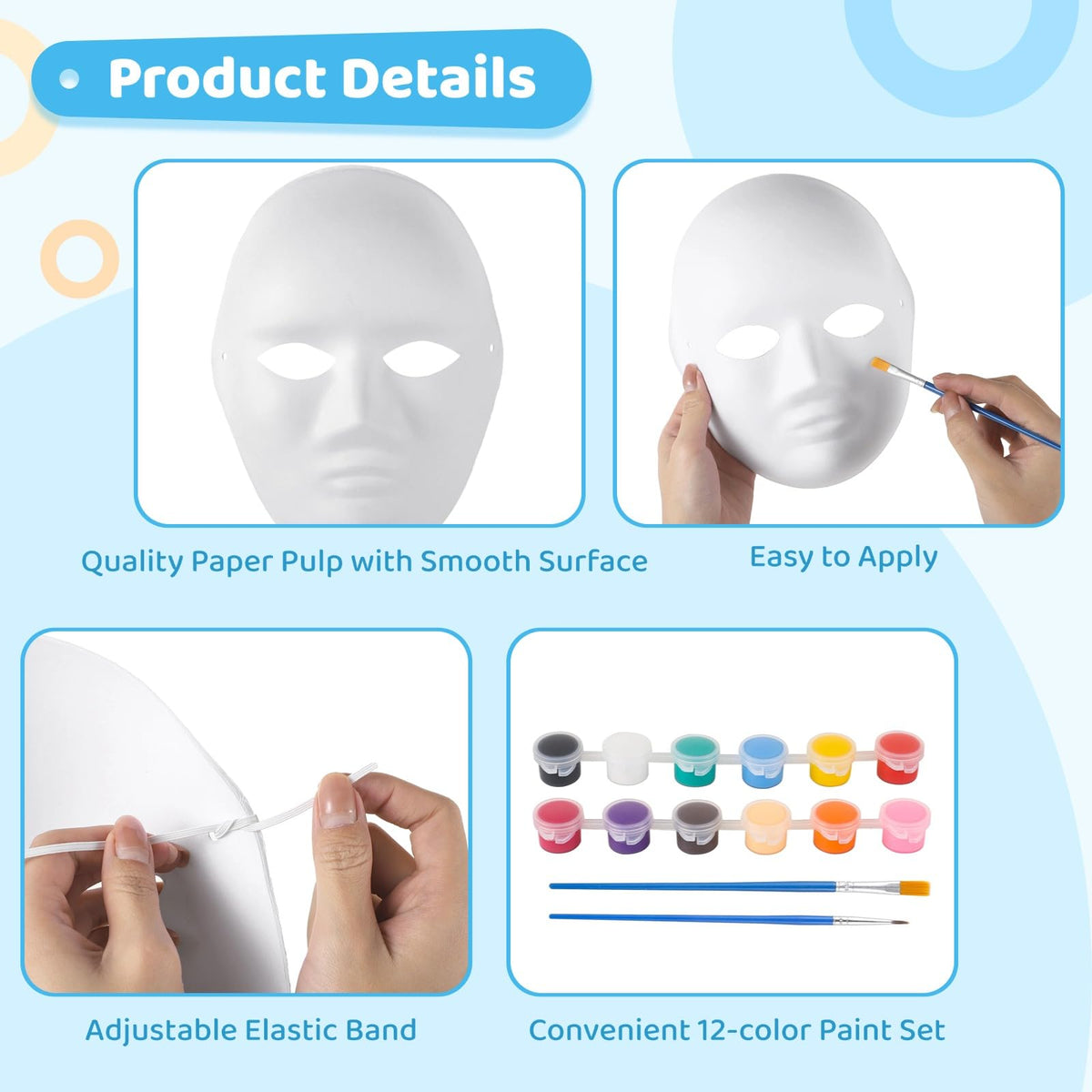 50 Pcs Paper Mache Masks, DIY Blank White Masks, Full Face Set with 5 Paint Sets & Palettes, 25 Male & 25 Female Paintable Masks for Halloween, Masquerade, Craft Projects