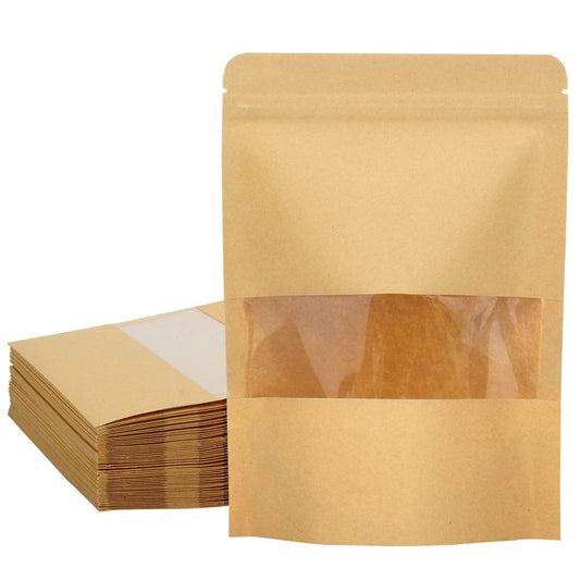 Blisstime 50 Pack Kraft Paper Stand Up Pouch Bags, Resealable Bag with Transparent Window and Tear Notch for Multipurpose Storage (5.5 X 7.9 Inches)