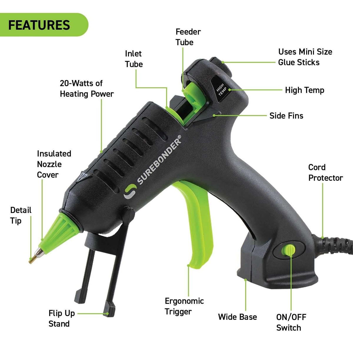 Surebonder Mini Hot Glue Gun with Fine Tip Nozzle - 20W High Temp Detail Tip Glue Gun for Crafts, DIY, & Repairs, Uses 7/16" Mini Glue Sticks