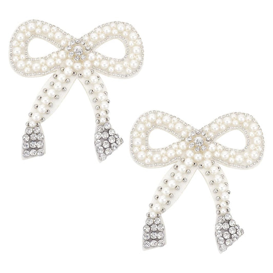 FINGERINSPIRE 2 Pcs Bowknot Rhinestone Patch 4.9x4.5inch Bow Tie Beading Appliques White Imitation Pearl Decorative Patch Repair Felt Sew on Applique for Clothing Repair