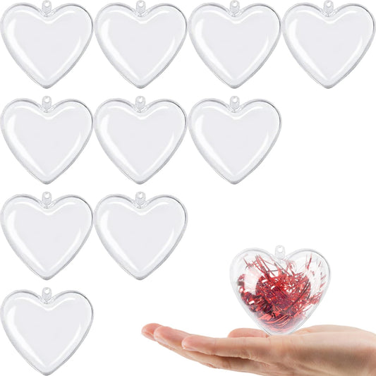 Jishi Clear Plastic Heart Ornaments 10-Pack Christmas Ornament Fillable Balls for DIY Crafts, Christmas Tree Decorations, Wedding Party, Xmas Holiday Home Decor, Open Decorative Hanging Ornaments 65mm