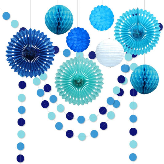 Decor365 Blue Birthday Party Decorations Kit Paper Fans Pom Poms Circle Dot Garlands Ocean Theme Hanging Decor Under the Sea Beach Baby Shower Wedding Classroom Summer Anniversary Kids Room