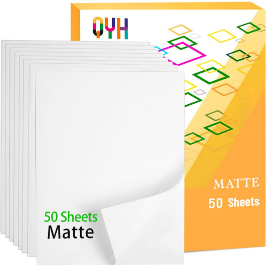 QYH Printable Vinyl Sticker Paper for Inkjet & Laser Printer - Matte White Waterproof, 50 Sheets Vivid Colors, Compatible with Cricut, Silhouette, Ideal for Small Business & DIY- 8.5"x11"