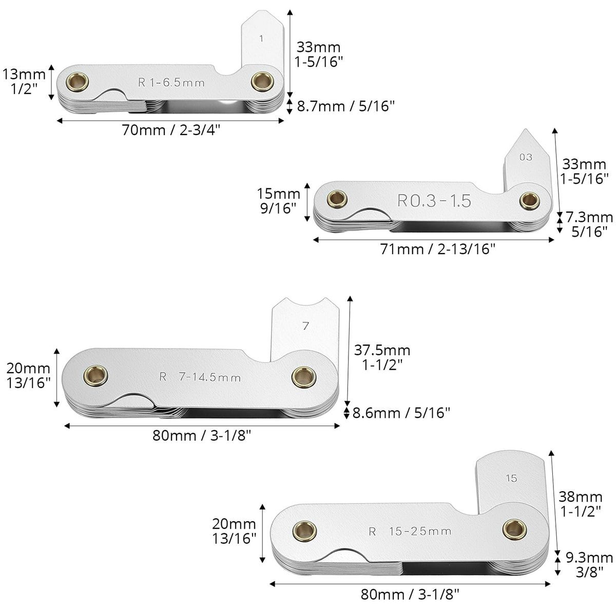 QWORK 4 Pack Radius Gauge Set, Precision Stainless Steel Measurement Tool for Convex & Concave Surfaces, R0.3-1.5mm/ R1-6.5mm/ R7-14.5mm/ R15-25mm