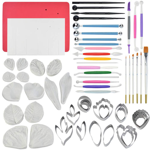 62pcs Gumpaste Flowers and Leaves Fondant Tool Leaf Tool Kit Gum Paste Flower Cutter Set Stainless Steel Flower Cutter Silicone Molds Foam Pad Veining Board Ball Tools Modelling Tools Brushes