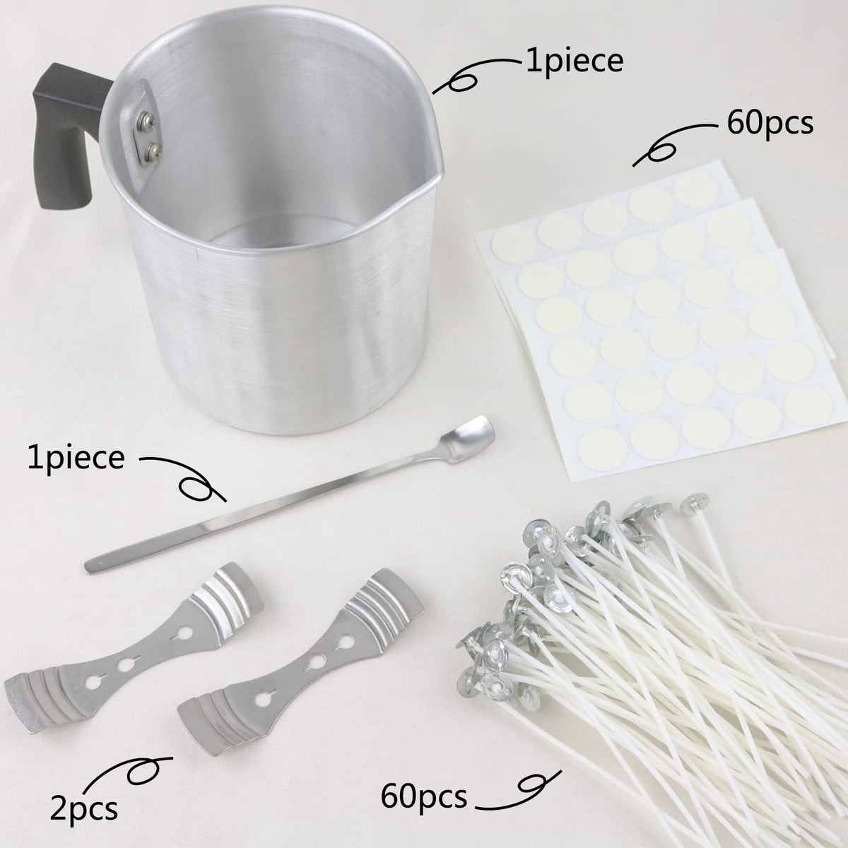EricX Light Candle Making Kit, 60pcs Candle Wicks, 60pcs Candle Wicks Sticker, 1pc Candle Wax Pouring Pot, 2pcs 3-Hole Wicks Centering Devices, 1pc Mixing Spoon, DIY Candles Craft Tools