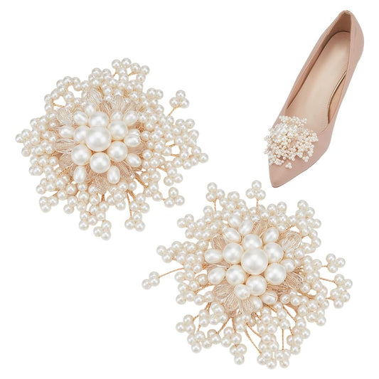 FINGERINSPIRE 2 PCS Simulated Pearl Shoe Buckle - Flower Shape ABS Plastic Shoe Clips, Moccasins Color Detachable Iron Shoes Charm for Flats High Heels Boots- Elegant Shoes Decorations for Women