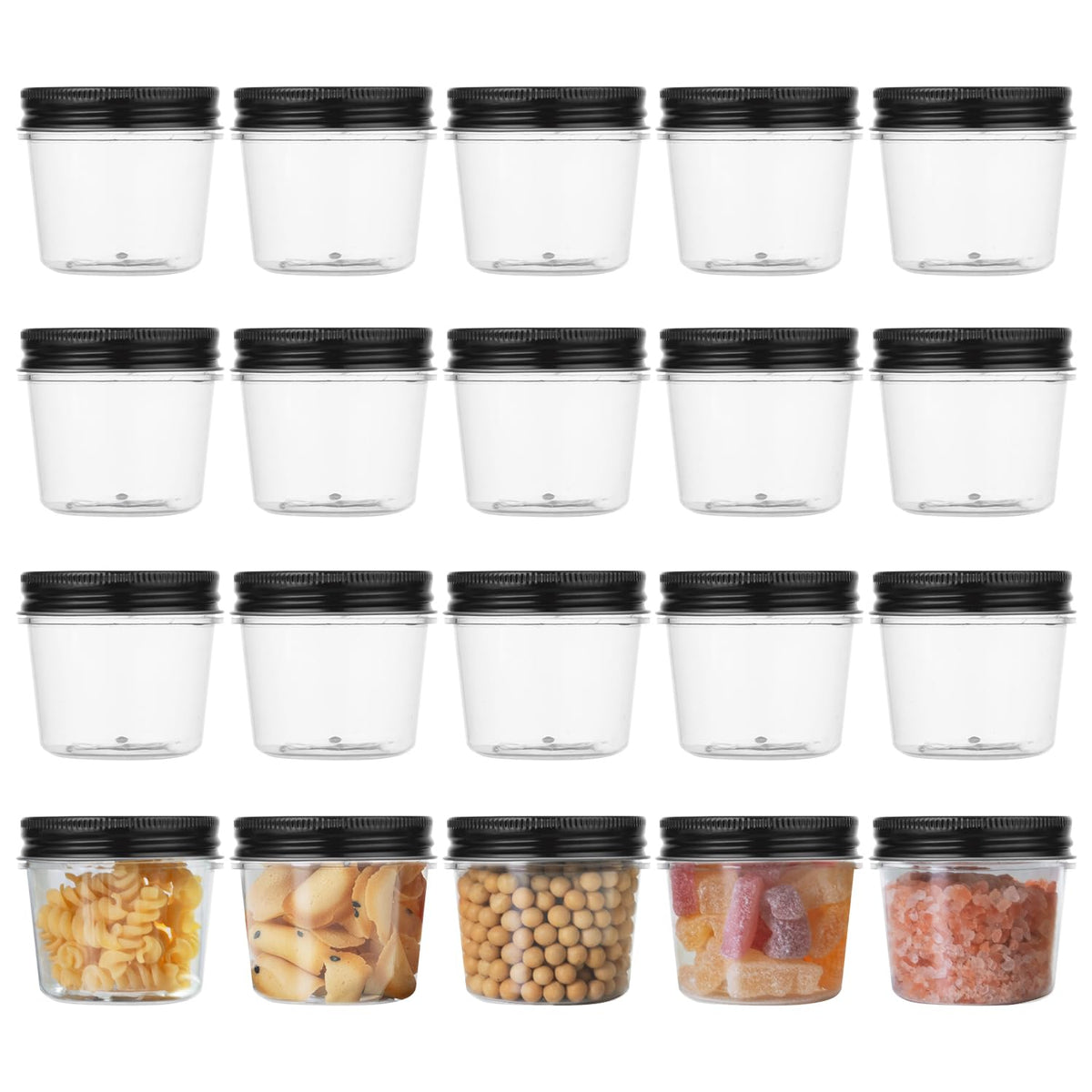 novelinks 4 oz Plastic Mason Jars with Lids, 20 Pack Small Containers with Lids 4oz, Slime Containers & Cake Jars & Small Spice Jars for Kitchen Organization (20 Pack,Black)
