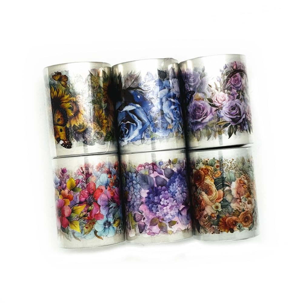 Koolemon 6Rolls Pre-Cut Floral Tape, Decorative Tape PET Flower Stickers for Crafts Journaling Scrapbook Supplies