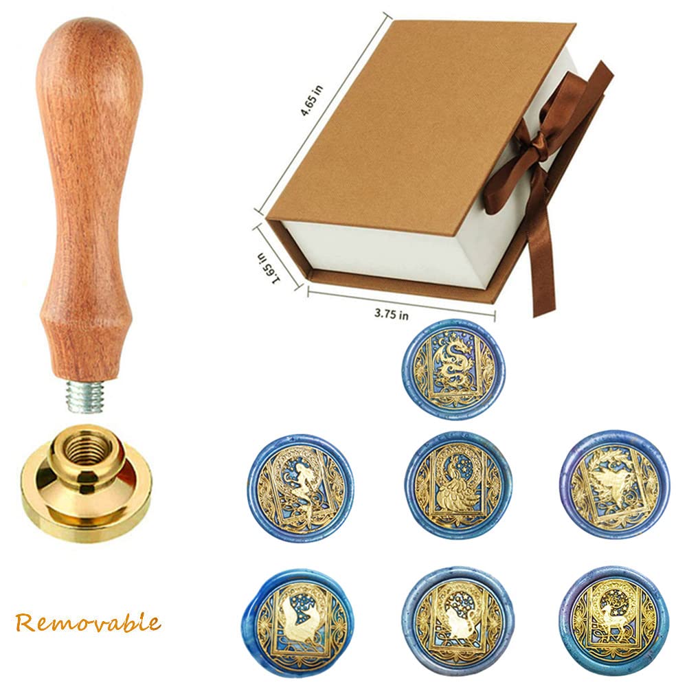 Animal Wax Seal Stamp Set with 7 Removable Brass Heads and 1 Wooden Handle - Dragon, Mermaid, Peacock, Cat Designs for Wedding Invitation Envelopes