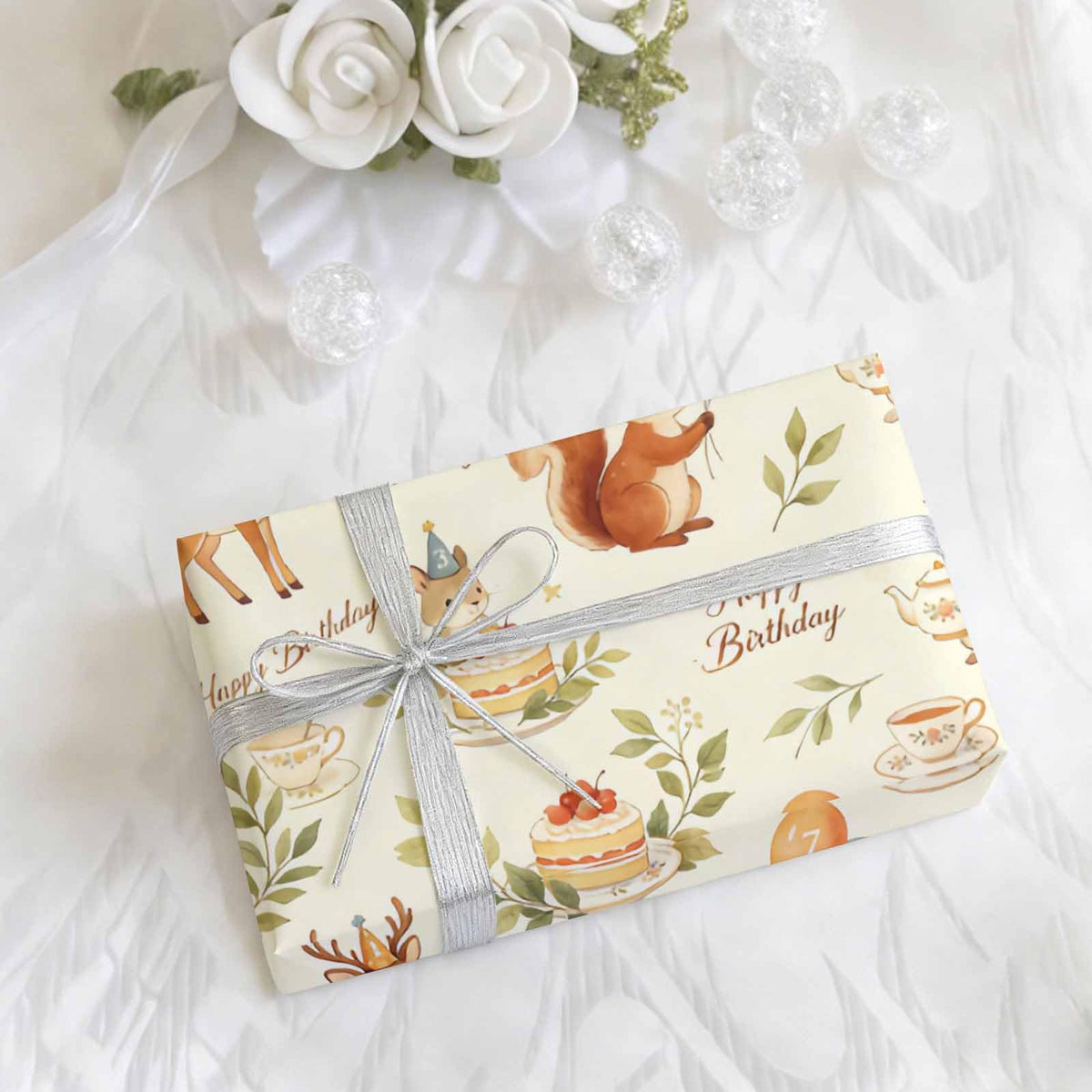 MiauMango Birthday Wrapping Paper, Forest Animals Tea Party 17.3 x 58 inch Wrapping Paper Roll For Birthday Party Gift Bouquet Decoration